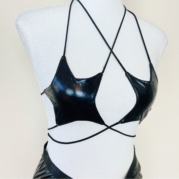 Black Faux Leather Wet Look High Rise Bottoms & StarTie Top Rave Festival Set - Picture 4 of 6